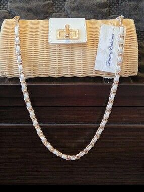 NWT Tommy Bahama Woven Straw Crossbody Bag Tan Cream Gold Chain